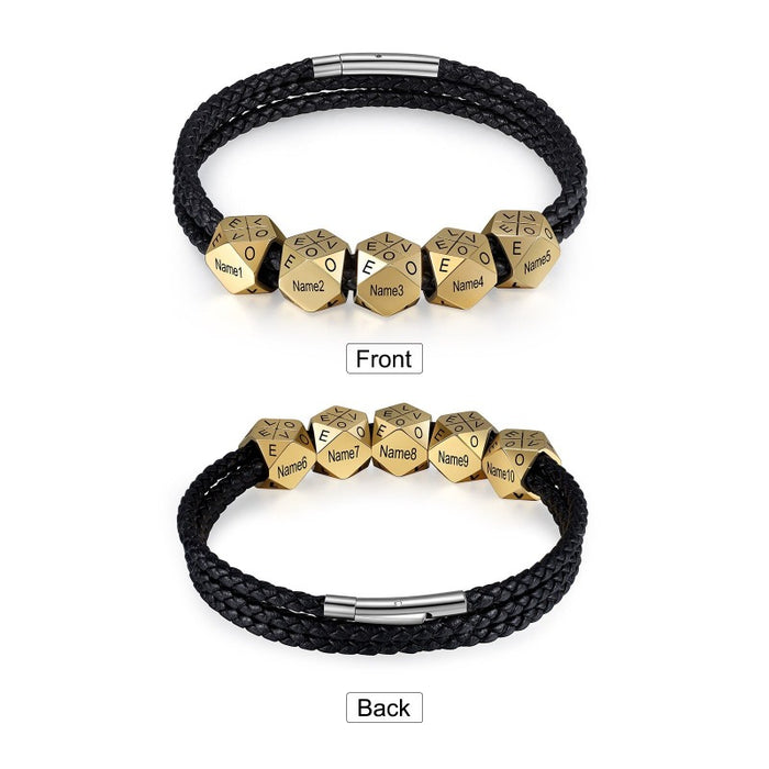 Customized 10 Names Engraved Leather Beads Bracelet