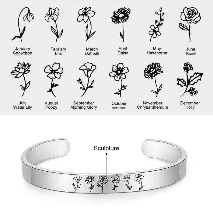 Personalized Engraved 5 Birth Flower Cuff Bracelet