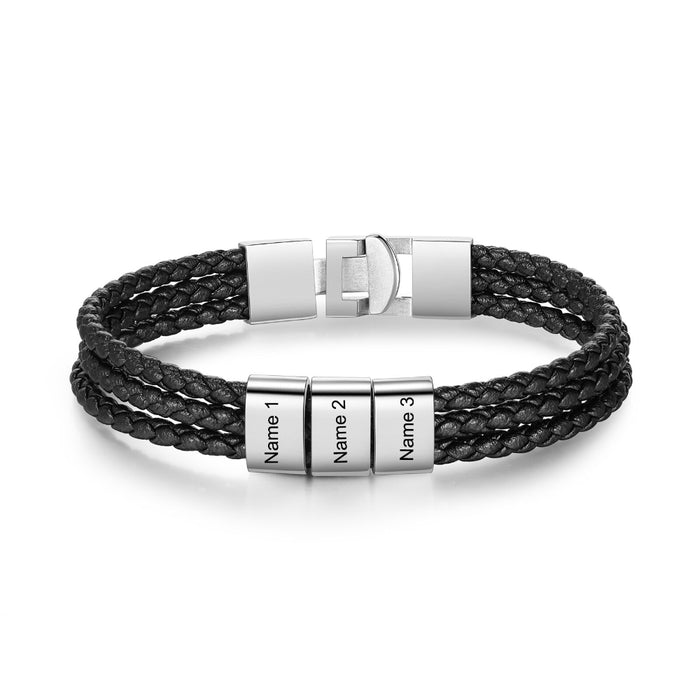 3 Layer Braided Leather Bracelets With 3 Names For Men