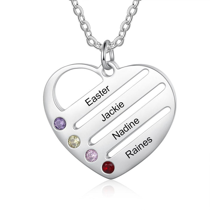4 Names And 4 Stones Personalized Engraved Names Heart-Shaped Necklace