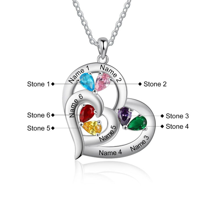 6 Names And 6 Stones Engraving Heart-Shaped Pendant