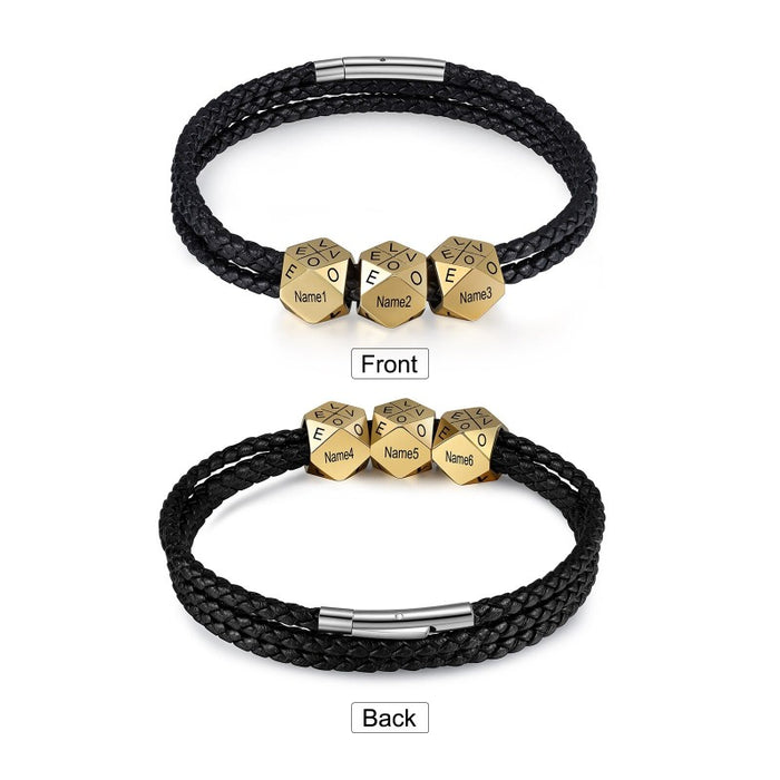 Customized 6 Names Engraved Leather Beads Bracelet