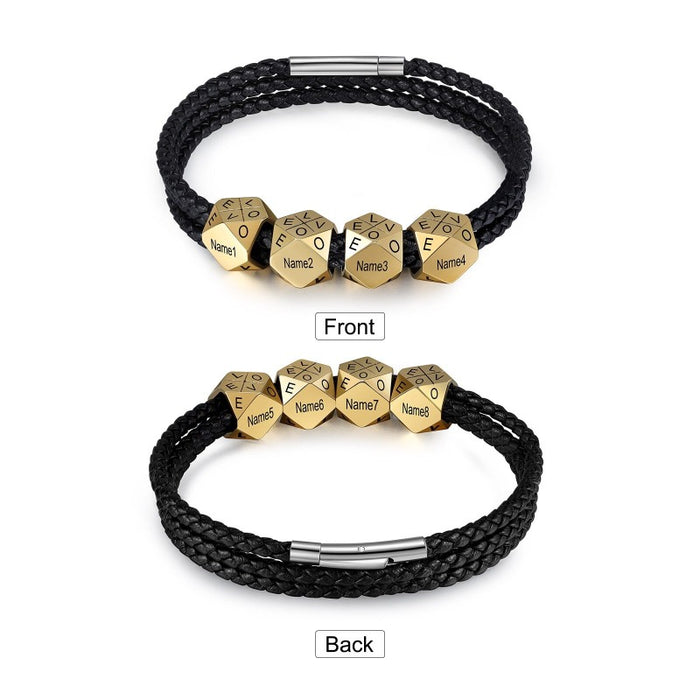 Customized 8 Names Engraved Leather Beads Bracelet