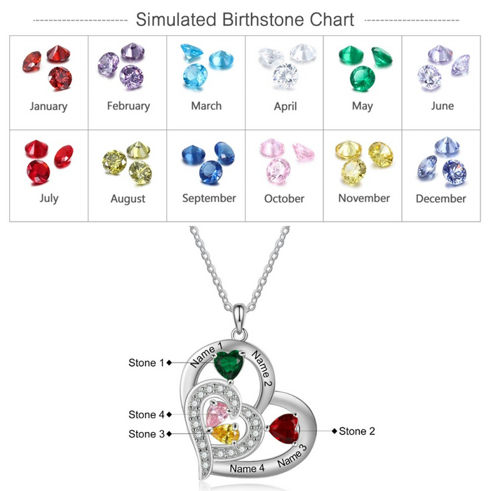 4 Names And 4 Stones Engraving Heart-Shaped Pendant