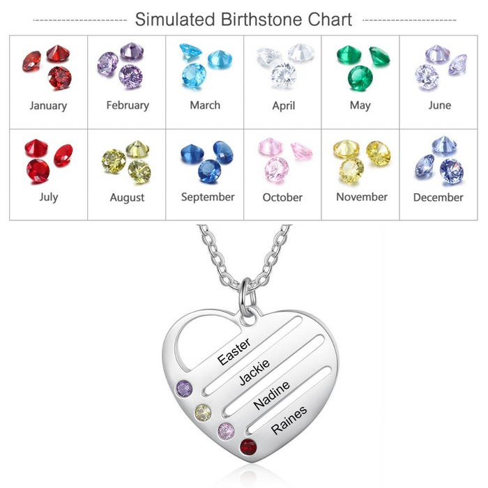 4 Names And 4 Stones Personalized Engraved Names Heart-Shaped Necklace