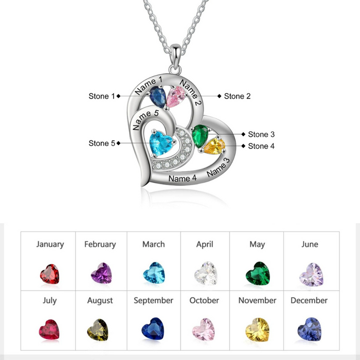 Personalized 5 Names And Birthstones Engraved Heart-Shaped Pendant