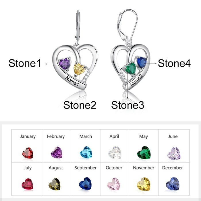 Personalized 4 Stones 2 Names Heart Earrings