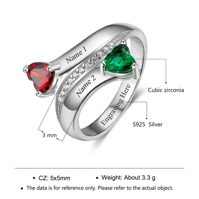Personalized Heart Birthstone Custom Engrave 2 Names Promise Ring Love 925 Sterling Silver Anniversary Gift