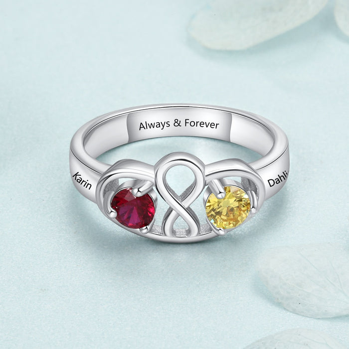 Personalized Infinity Ring with 2 Birthstones Custom Name 925 Sterling Silver Promise Rings for Women Gift