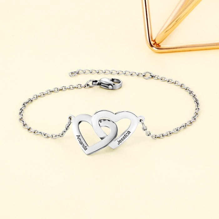 Personalized Intertwined Heart Bracelets with 2 Custom Names Customized Stainless Steel Engraved Bracelets & Bangles