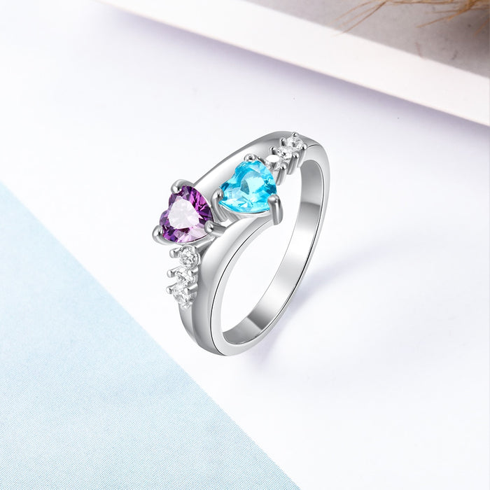 Personalized Ring With 2 Cordate Birthstone
