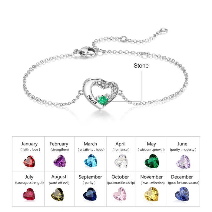 Personalized 925 Sterling Silver Engraved Name Bracelets for Women Lover's Customized Heart Birthstone Chain Bracelet