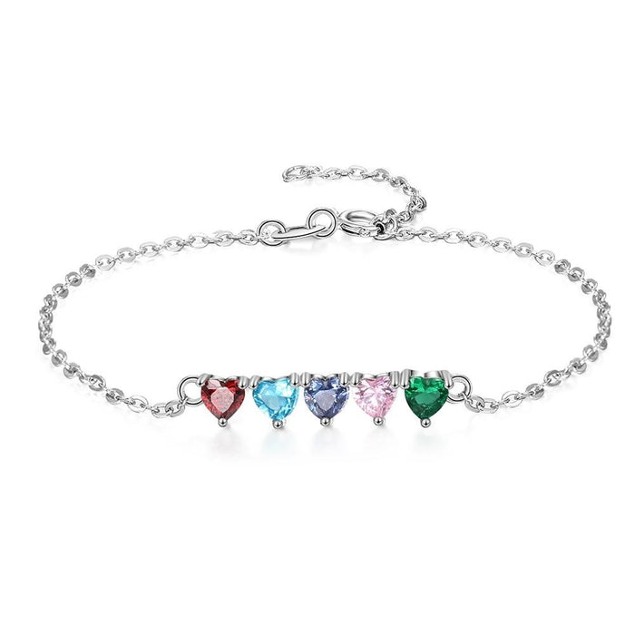 Personalized 5 Heart-Shape Birthstones Adjustable Chain Bracelets