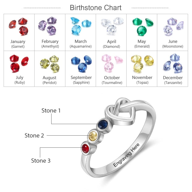 Personalized Engraving Heart Knot Rings for Women Customized 3 Birthstones Finger Ring Christmas Gifts for Mother