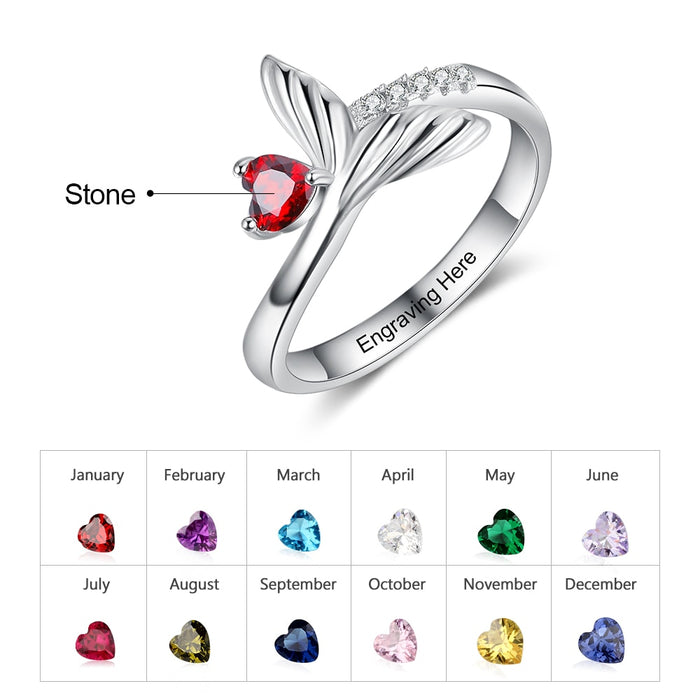Personalized Birthstone Fish Tail Rings for Women Customized Heart Stone Engraved Ring Christmas Birthday Gifts