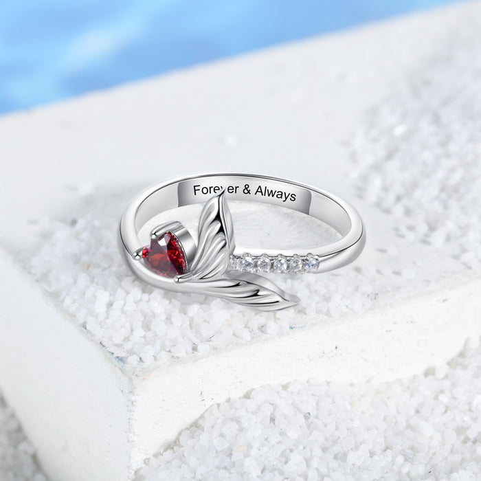 Personalized Birthstone Fish Tail Rings for Women Customized Heart Stone Engraved Ring Christmas Birthday Gifts