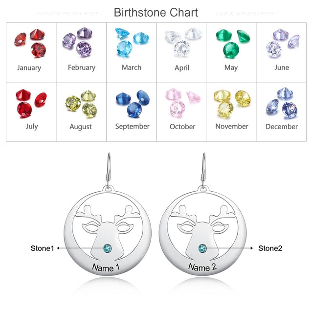 Personalized Engraved 2 Names And 2 Birthstones Christmas Earrings For Women