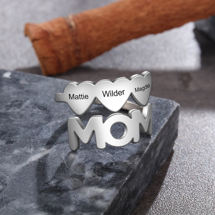 Personalized Stainless Steel Mom Ring Customized Engraving 3 Names Rings for Women Mothers Day Gifts
