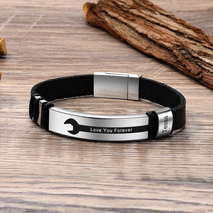 Personalized Engraved Name Black Leather Bracelets For Men