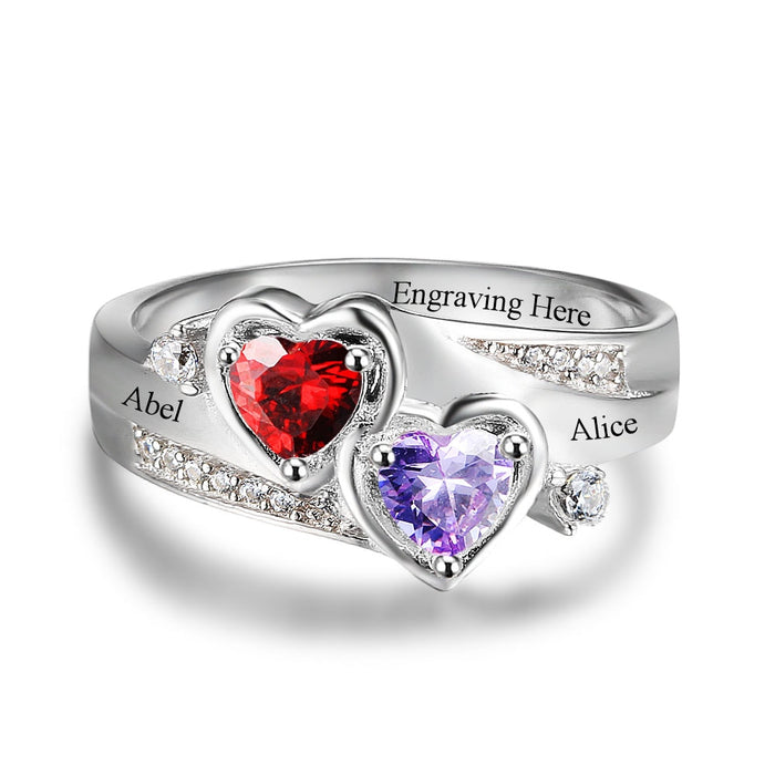 Personalized Engrave Name Ring with 2 Heart Birthstone 925 Sterling Silver Wedding Engagement Rings Mothers Day Gift