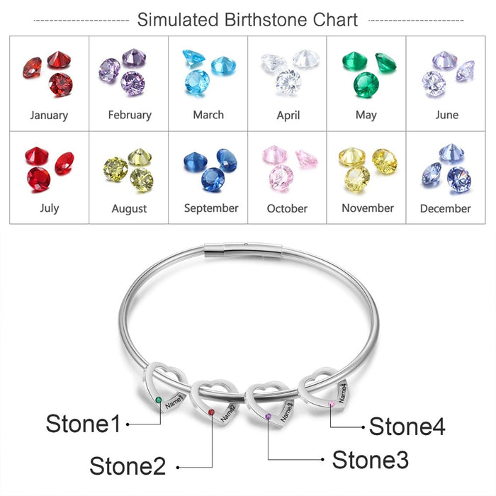 Personalized Engraved 4 Names And 4 Stones Heart-Shaped Charm Bracelet