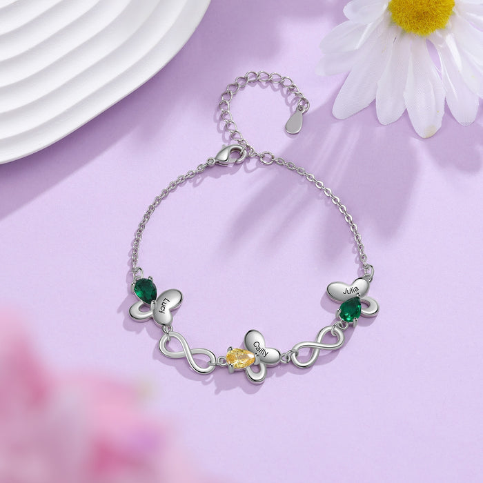 Personalized Butterfly Bracelet with Inlaid Birthstone Infinity Love Customized 3 Names Engraved Bracelets for Women