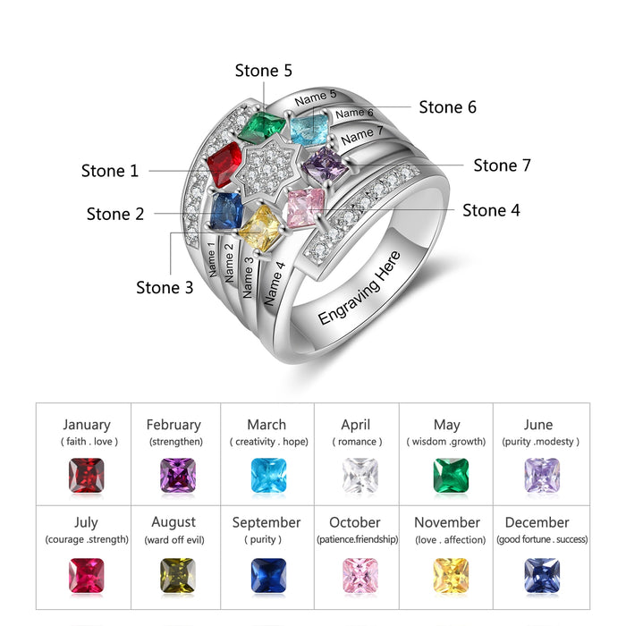 Personalized Mothers Ring with 4 Square Birthstones Zirconia Star Customized Engraving Family Name Rings for Women Gift