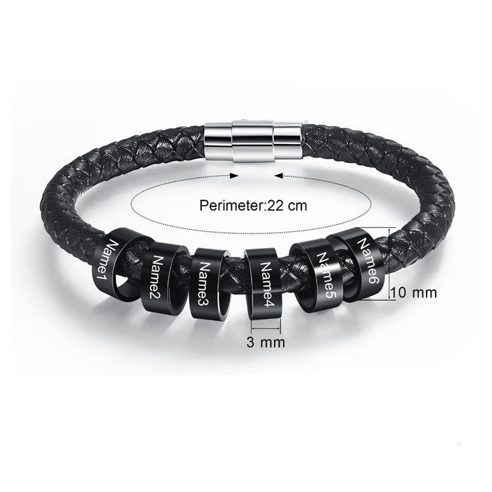 Personalized 6 Name Beads Men Leather Bracelet