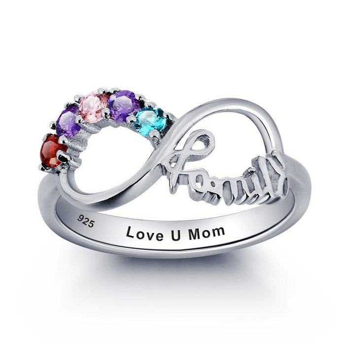 Personalized Engrave Birthstone Infinity Family Jewelry Cubic Zirconia 925 Sterling Silver Ring Gift For Mom