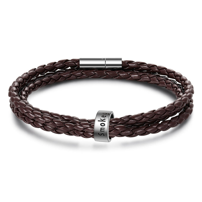 Personalized 1 Name Brown Braided Rope Leather Bracelet