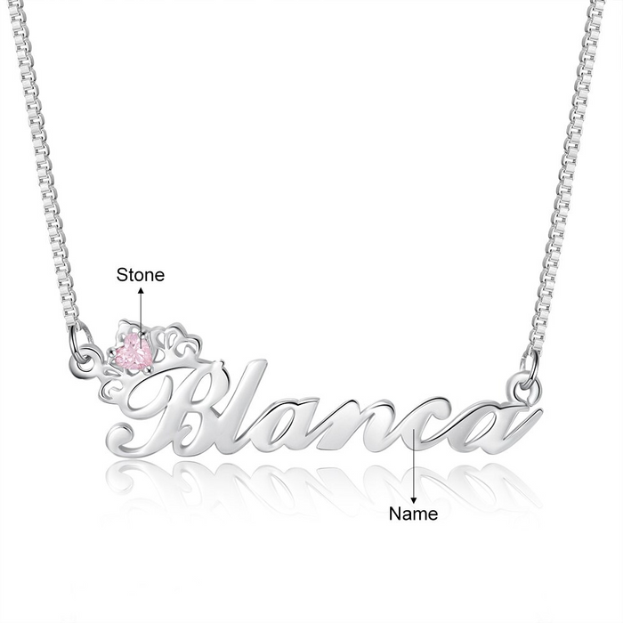 Sterling Silver 1 Name 1 Stone Personalized Crown Necklace