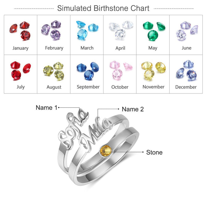 Sterling Silver Personalized 2 Names And Birthstone Ring For Women