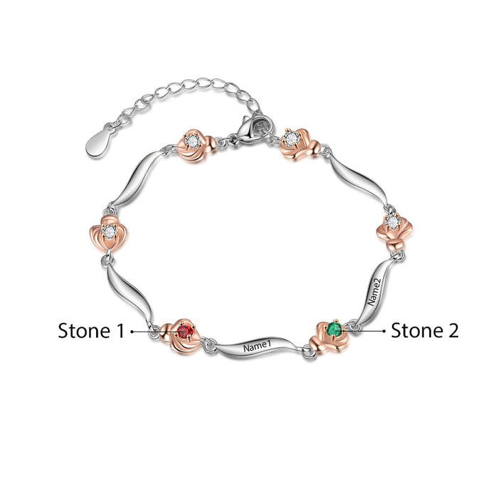 Customized 2 Birthstone Rose Flower Bracelet For Women