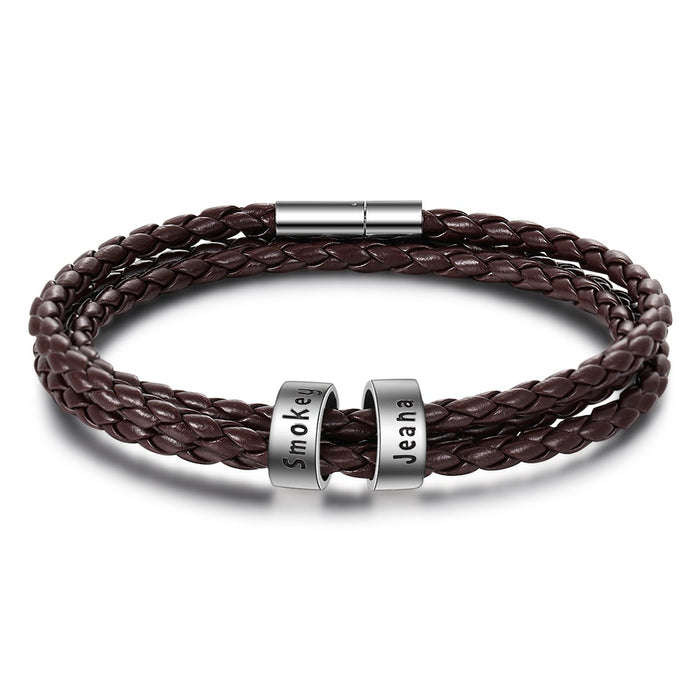 Personalized 2 Names Brown Braided Rope Leather Bracelet