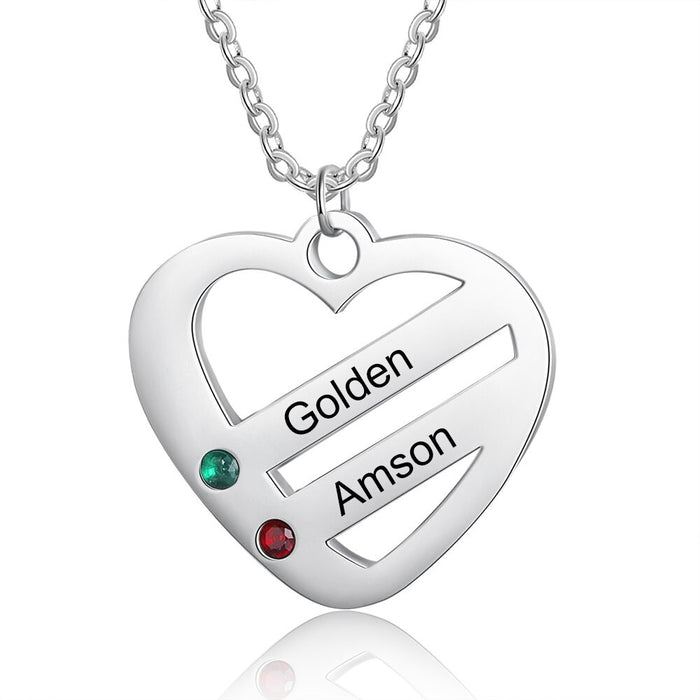 2 Names And 2 Stones Personalized Engraved Names Heart-Shaped Necklace