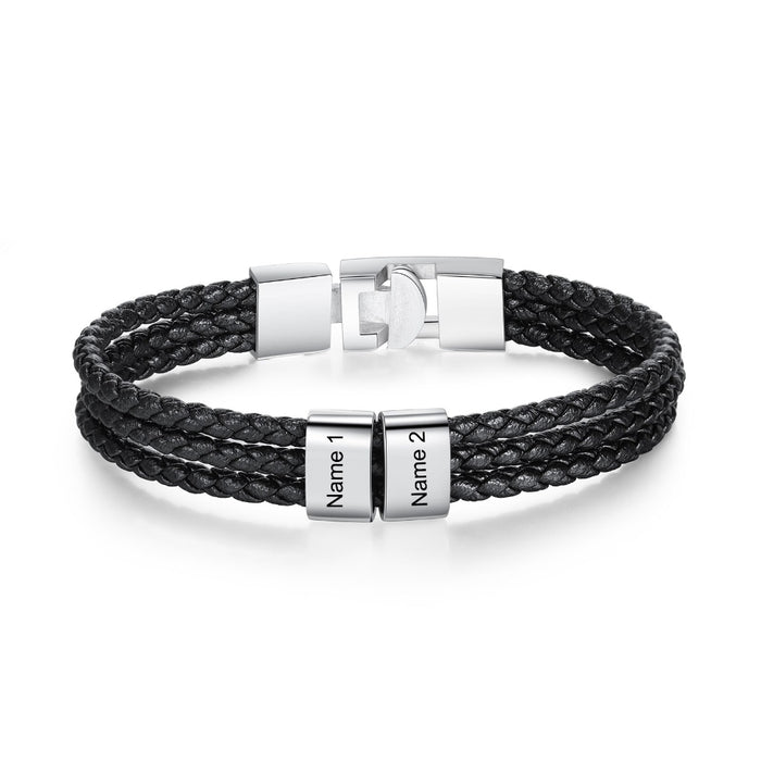 3 Layer Braided Leather Bracelets With 2 Name For Men