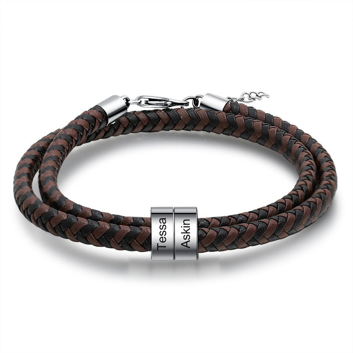 Personalized 2 Names Engraving Braided Leather Bracelet