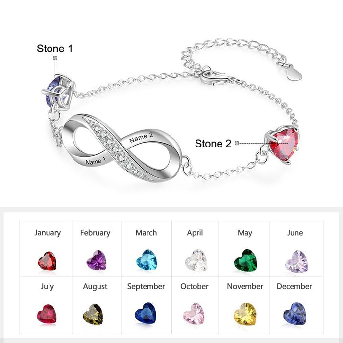 Engraved Name Infinity Bracelet With 2 Cordate Birthstone