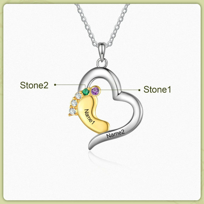 Personalized Baby Feet Heart-Shaped Necklace Of 2 Stones