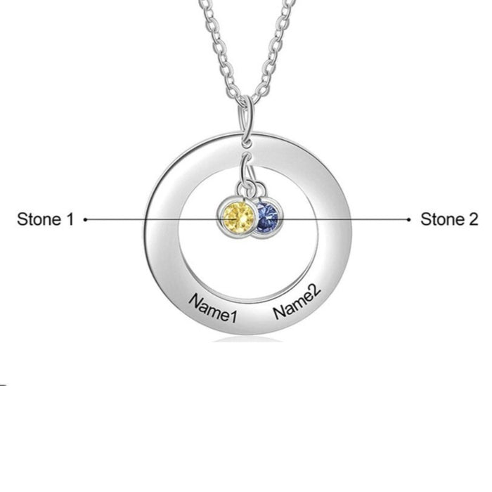 Personalized 2 Names And 2 Birthstones Stainless Steel Circle Necklace