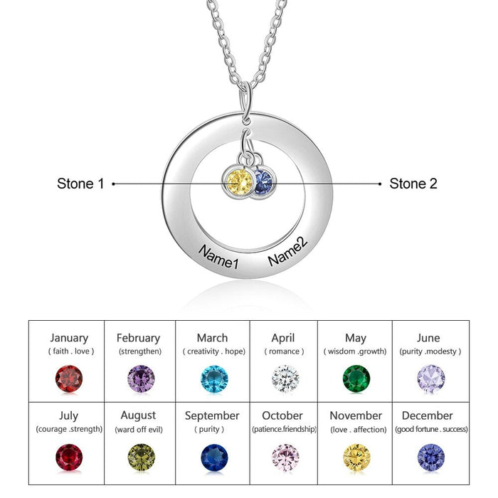 Personalized 2 Names And 2 Birthstones Stainless Steel Circle Necklace