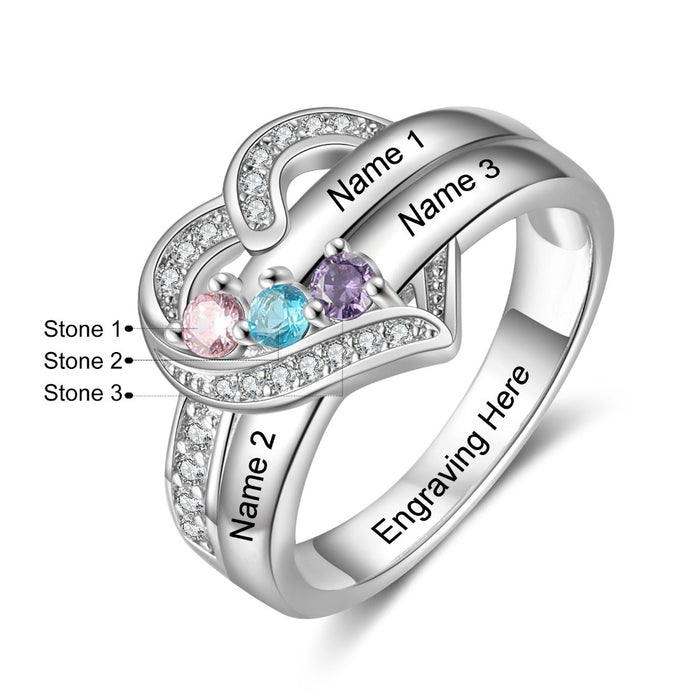 Sterling Silver Personalized 3 Names And Birthstones Engraved Ring