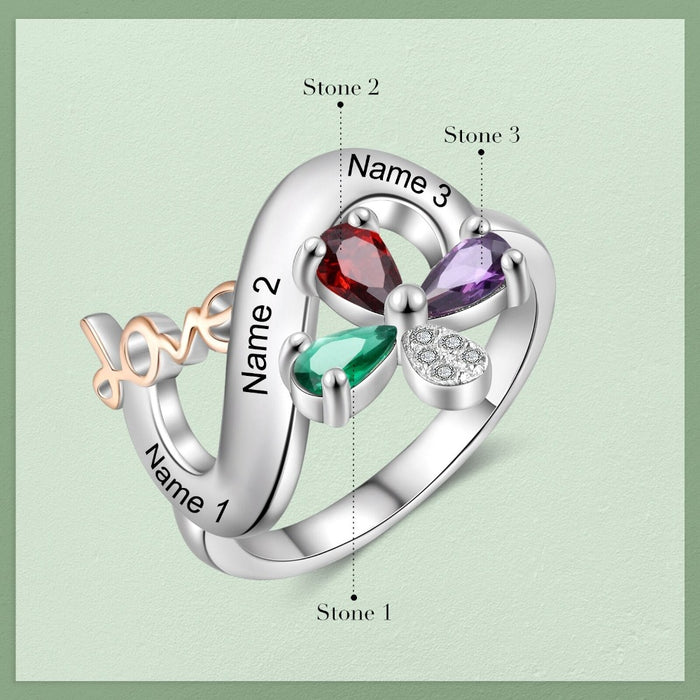 Personalized 3 Names And Stones Engraved Ring For Women