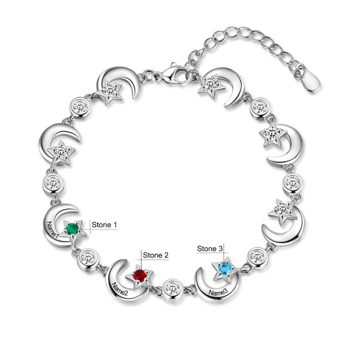 Personalized 3 Birthstone Star Moon Chain Bracelets For Women