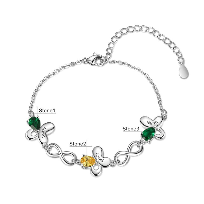 Personalized Butterfly Bracelet With Inlaid 3 Birthstone