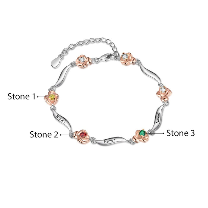 Customized 3 Birthstone Rose Flower Bracelet For Women