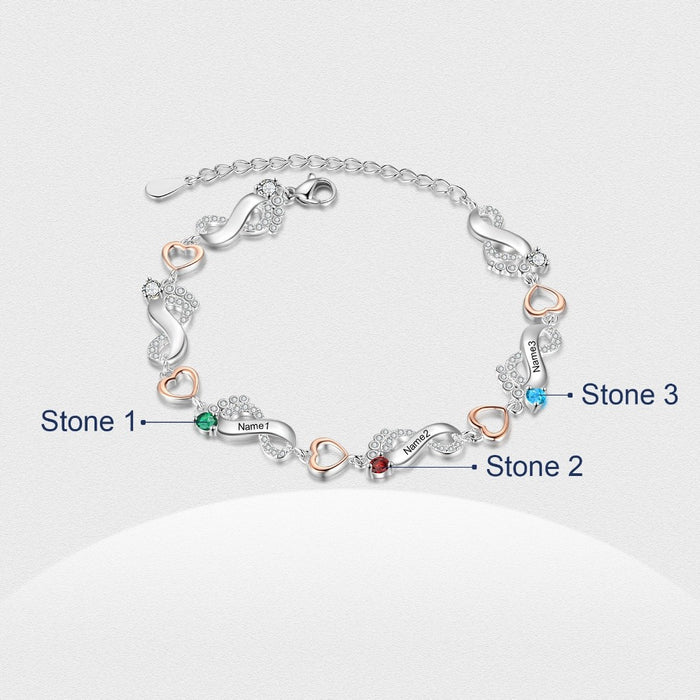 Personalized 3 Name And 3 Birthstone Baby Foot Bracelet