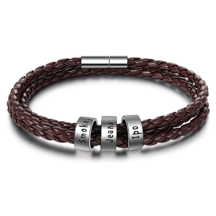 Personalized 3 Names Brown Braided Rope Leather Bracelet