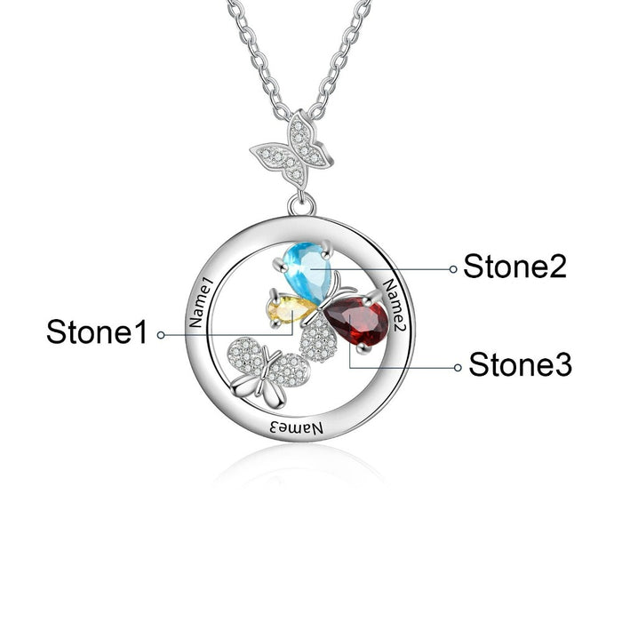 Personalized 3 Names And Stones Engraved Butterfly Necklace