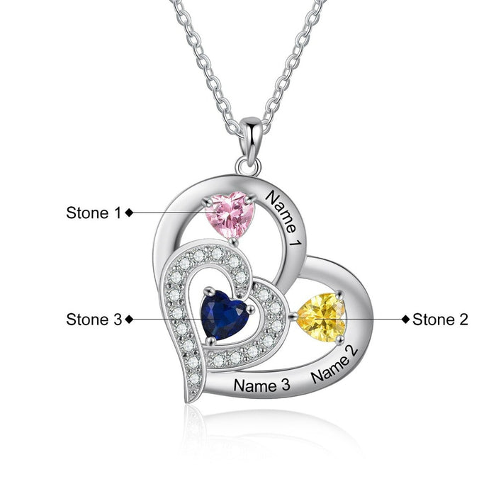 3 Names And 3 Stones Engraving Heart-Shaped Pendant